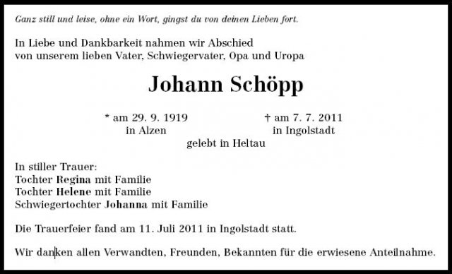 Schoepp Johann 1919-2011 Todesanzeige